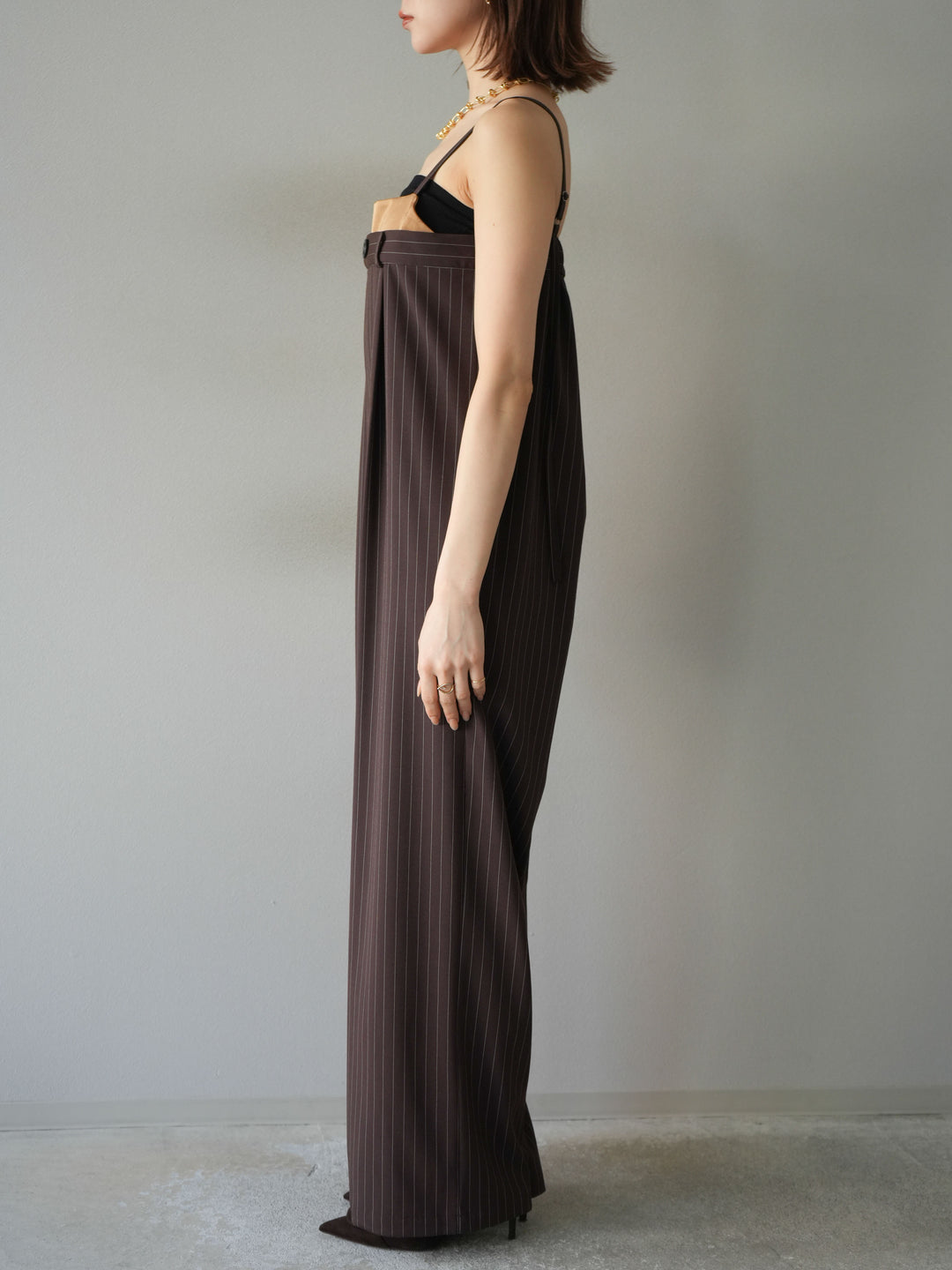 [予約]サテン切替ピンストライプサロペット/ブラウン
