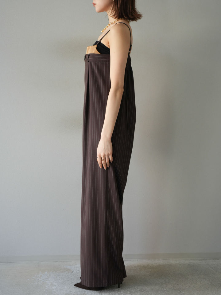 [予約]サテン切替ピンストライプサロペット/ブラウン