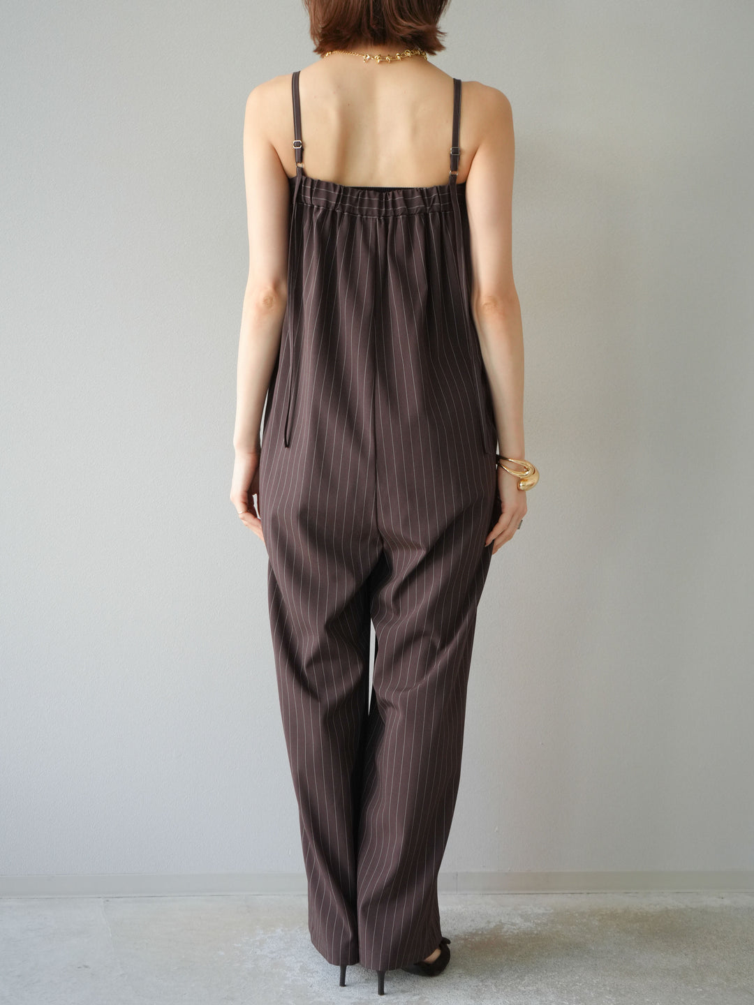 [予約]サテン切替ピンストライプサロペット/ブラウン