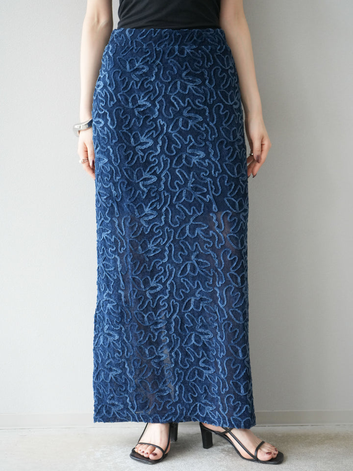 [予約]パイピングフラワーシアーベロアスカート/ネイビー