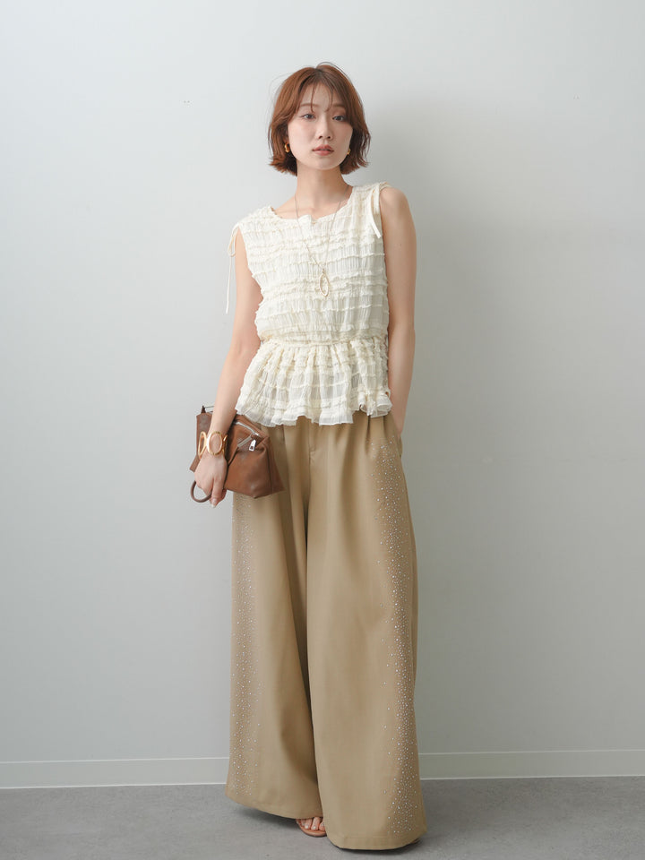 [SET]ランダムフリルシャーリングノースリトップス+ポーチベルト付サイドビジュータックワイドパンツ(2set)
