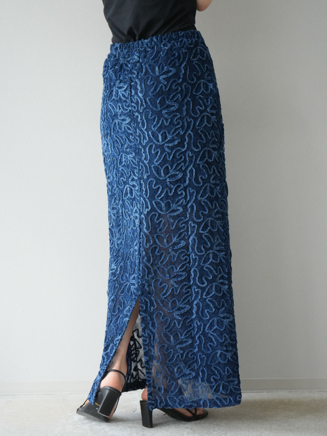 [予約]パイピングフラワーシアーベロアスカート/ネイビー
