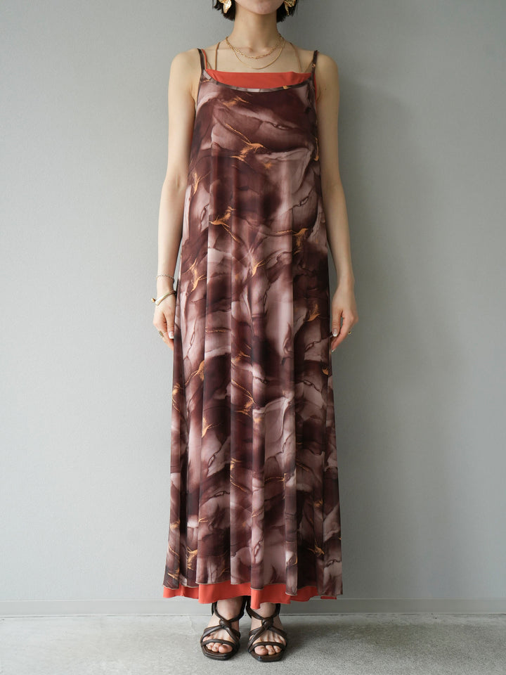 [Pre-order] Nuanced pattern tulle layered cami dress/brown