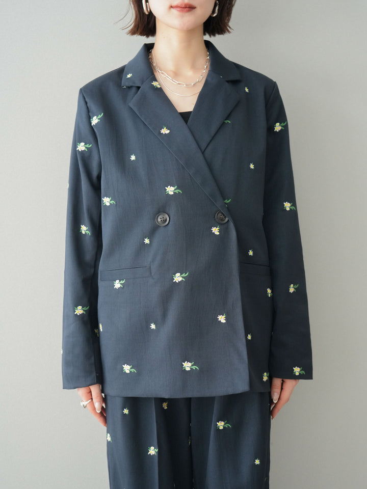 【預購】花卉刺繡修身夾克/海軍藍