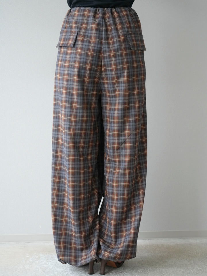 [予約]チェック柄ウエスト巻きドロストパンツ/ブラウン