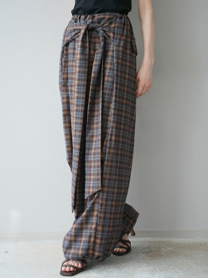 [予約]チェック柄ウエスト巻きドロストパンツ/ブラウン