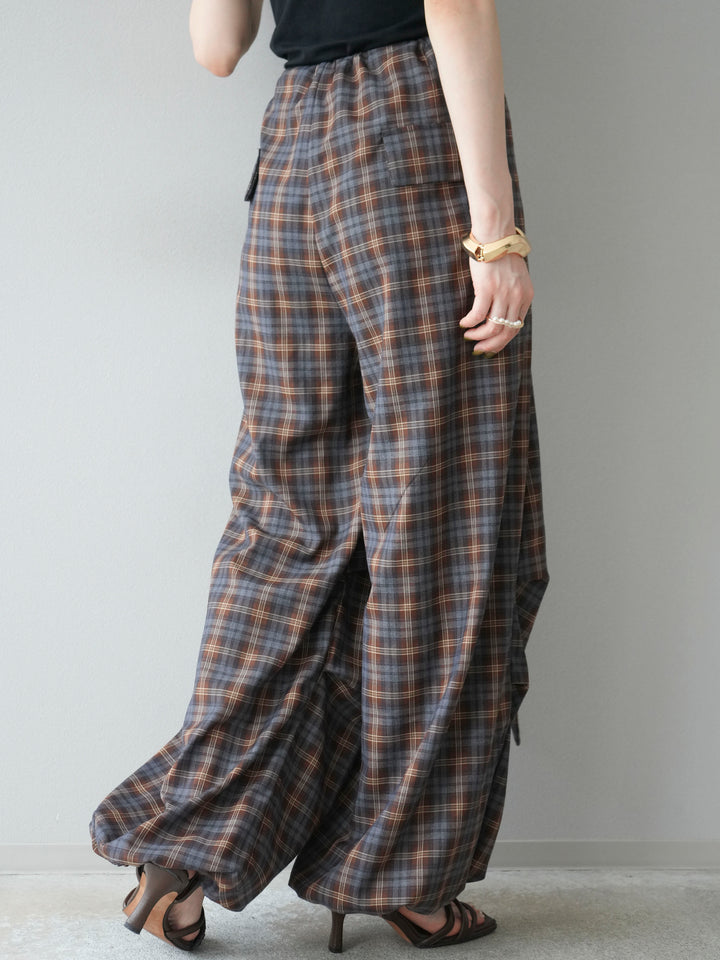 [予約]チェック柄ウエスト巻きドロストパンツ/ブラウン