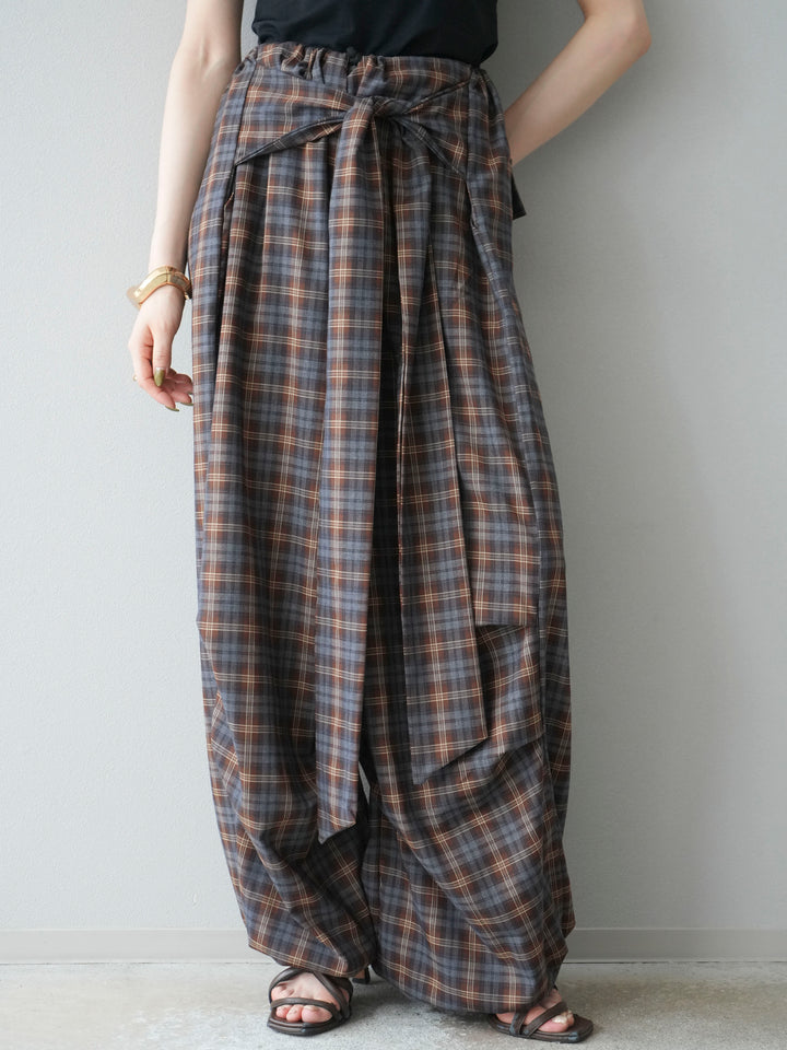 [予約]チェック柄ウエスト巻きドロストパンツ/ブラウン