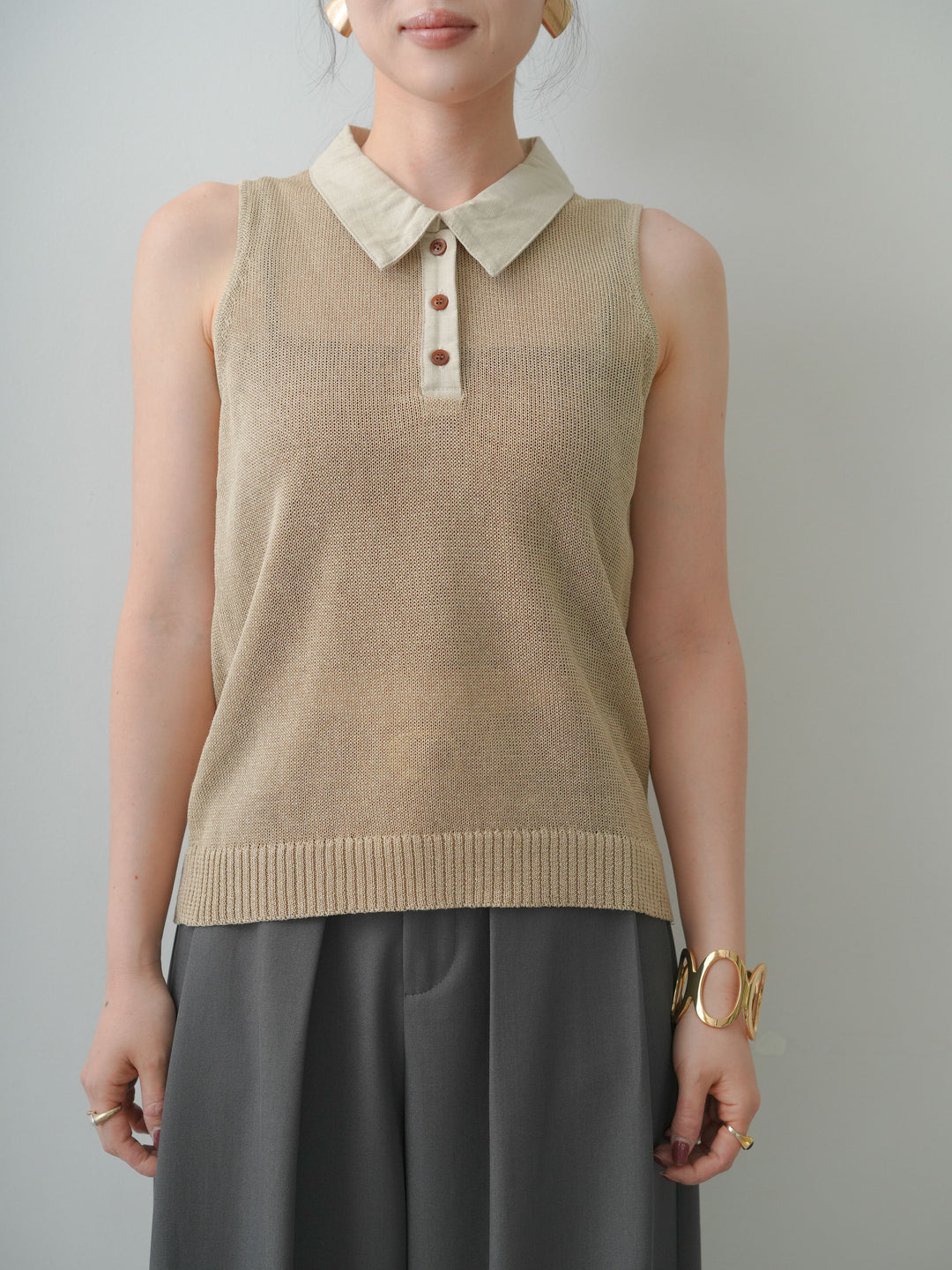 [予約]ポロカラーシアーノースリニットトップス/beige