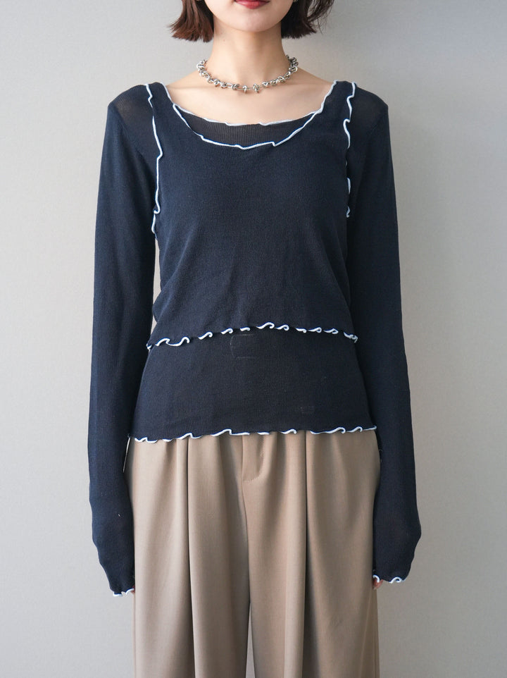 [予約]バイカラーメローアンサンブルシアーニットトップス/navy