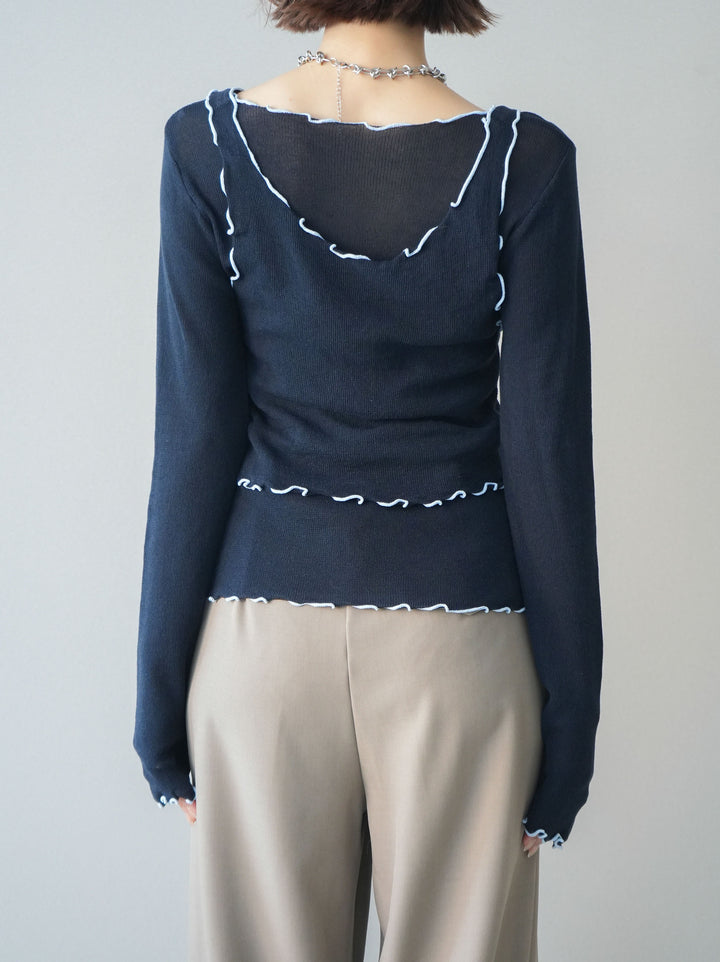 [予約]バイカラーメローアンサンブルシアーニットトップス/navy