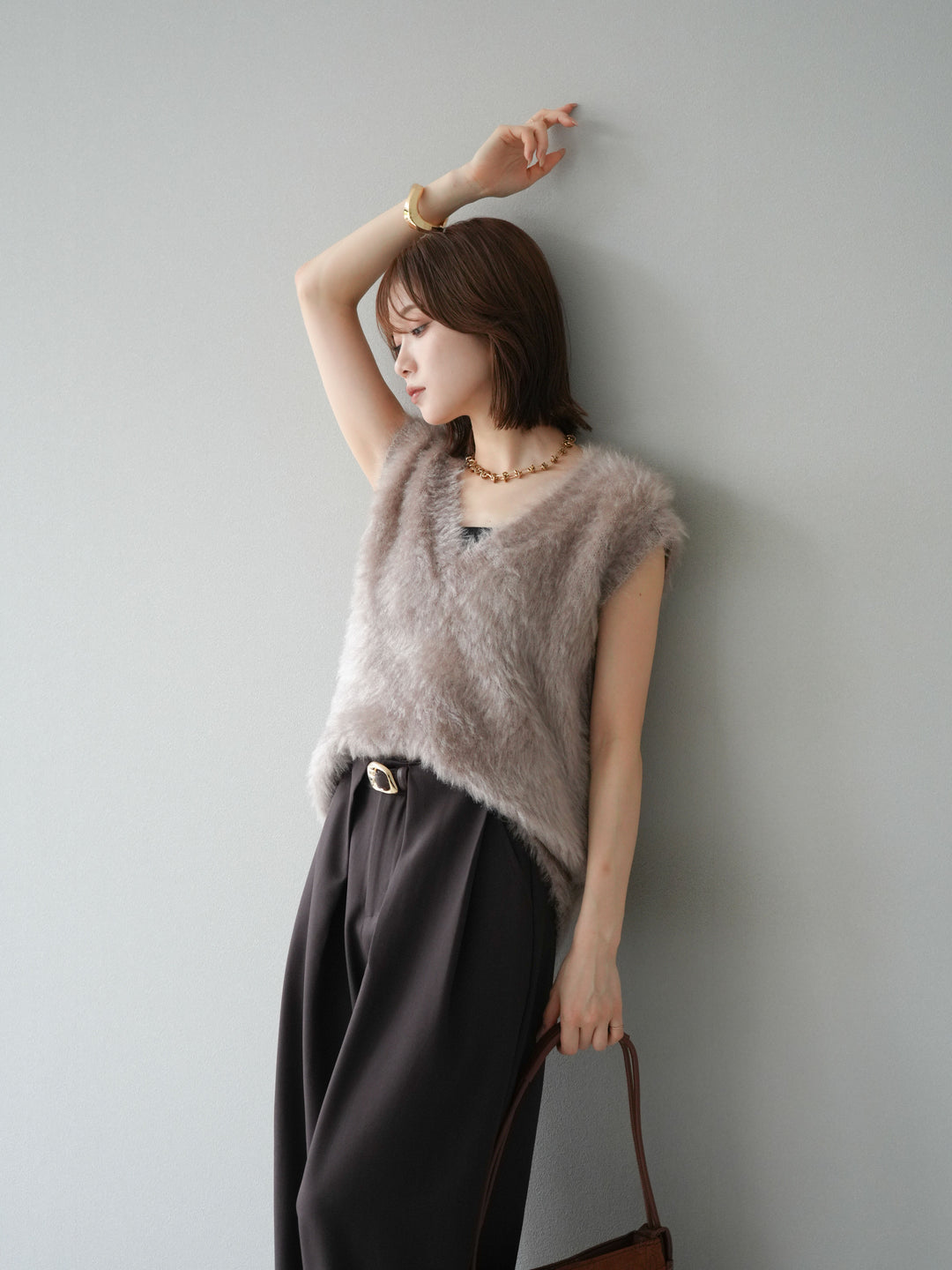 [SET]ラメシャギーVネックニットベスト+選べるアクセセット(2set)