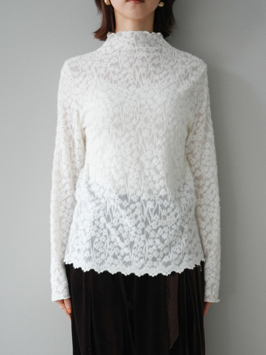 [予約]起毛レースプチネックトップス/white