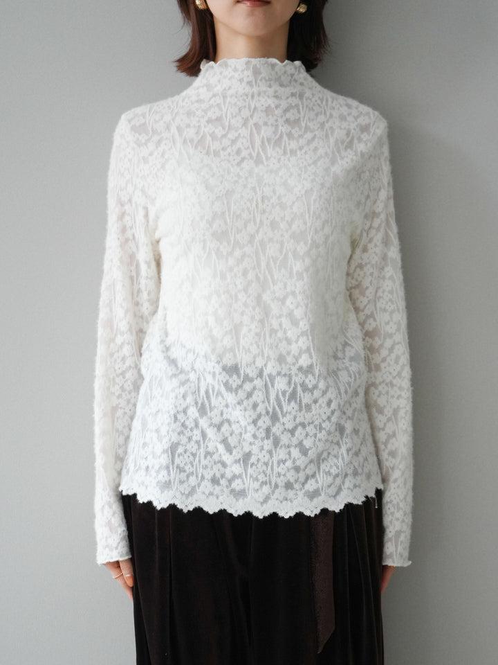 [予約]起毛レースプチネックトップス/white