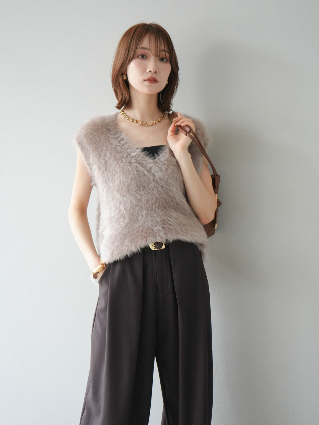 [SET]ラメシャギーVネックニットベスト+選べるアクセセット(2set)