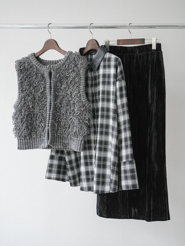 [SET]レザー襟オンブレチェックオーバーシャツ +ループデザインホックベスト +クラッシュベロアナロースカート(3set)