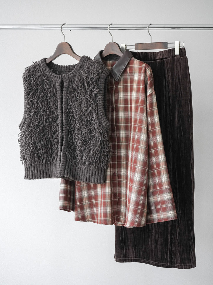 [SET]レザー襟オンブレチェックオーバーシャツ +ループデザインホックベスト +クラッシュベロアナロースカート(3set)