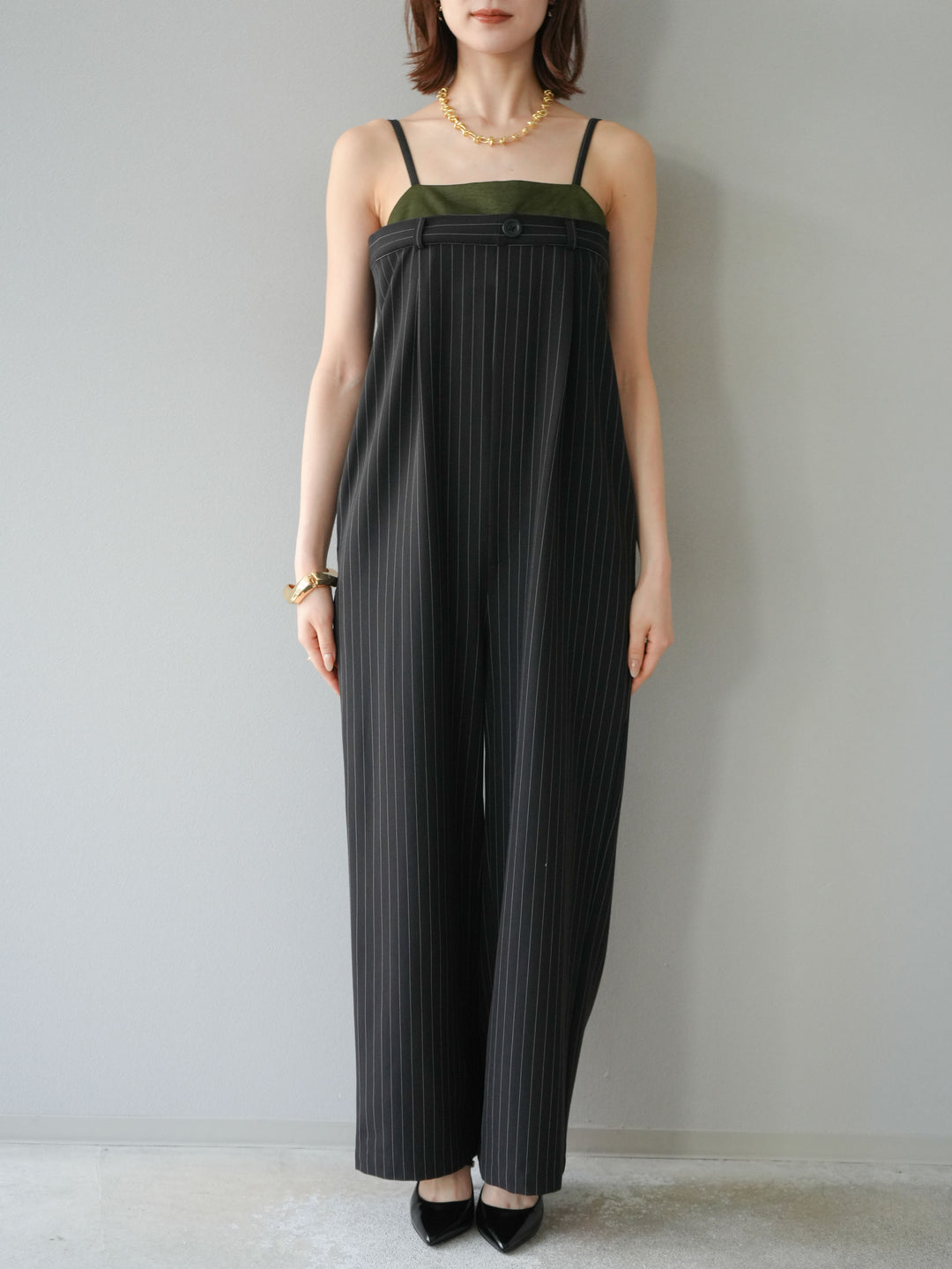 [予約]サテン切替ピンストライプサロペット/ブラック