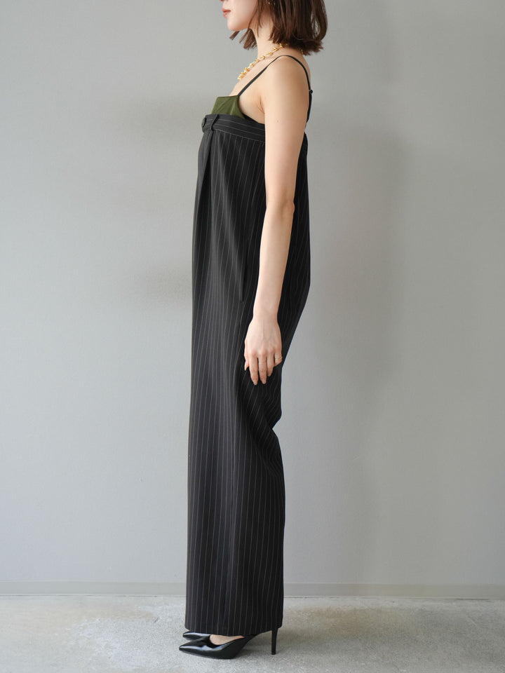 [予約]サテン切替ピンストライプサロペット/ブラック