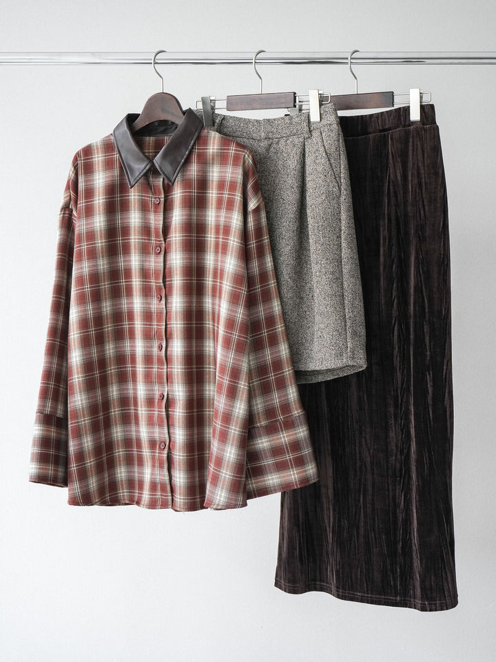 【着回しセット】[SET]レザー襟オンブレチェックオーバーシャツ +クラッシュベロアナロースカート+ツイードハーフパンツ(3set)