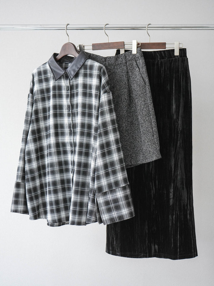 【着回しセット】[SET]レザー襟オンブレチェックオーバーシャツ +クラッシュベロアナロースカート+ツイードハーフパンツ(3set)