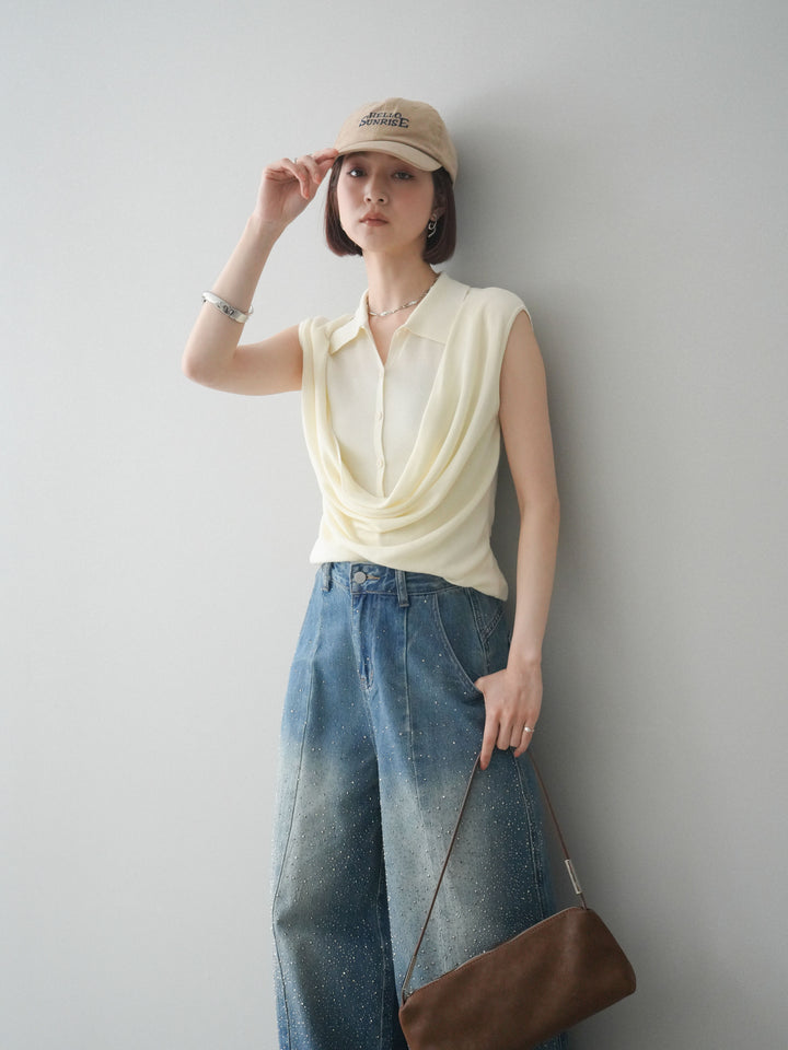 [SET]ノースリーブドレープニットトップス+フロントビジューカーブデニムパンツ(2set)