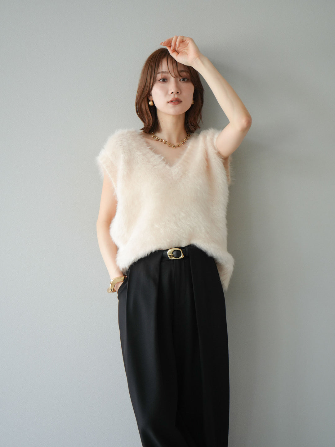 [SET]ラメシャギーVネックニットベスト+選べるアクセセット(2set)