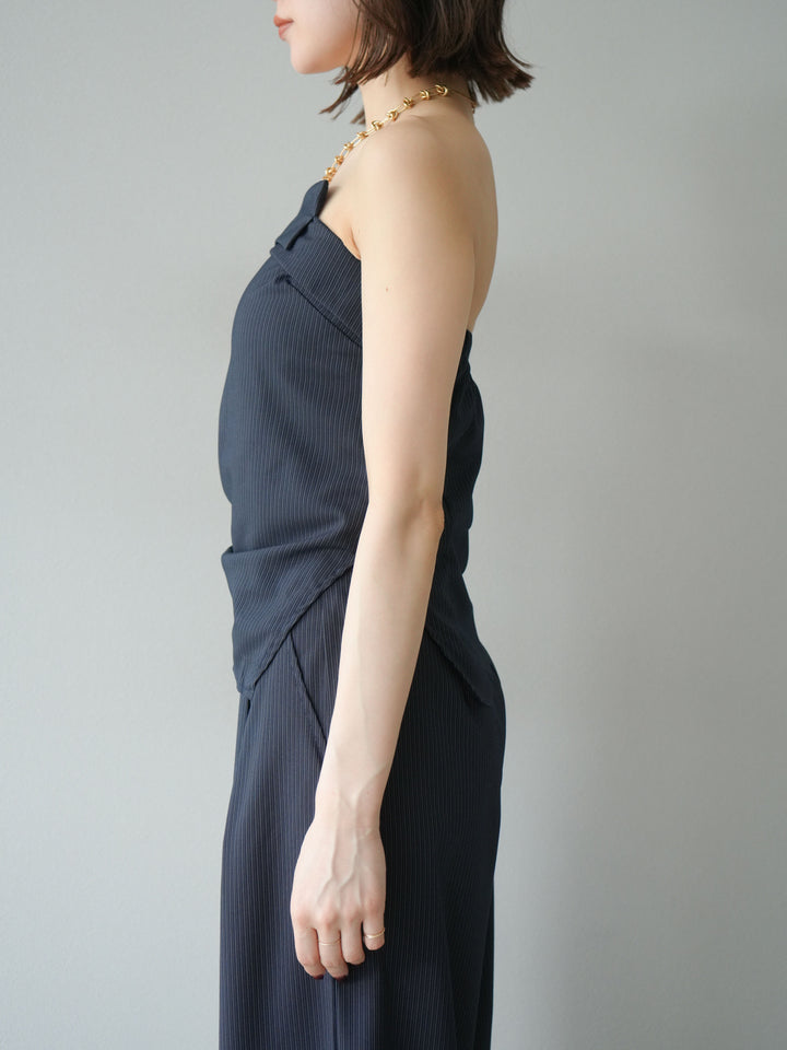 [SET] 條紋褶襉露肩上衣＆寬褲 SET UP (2set)