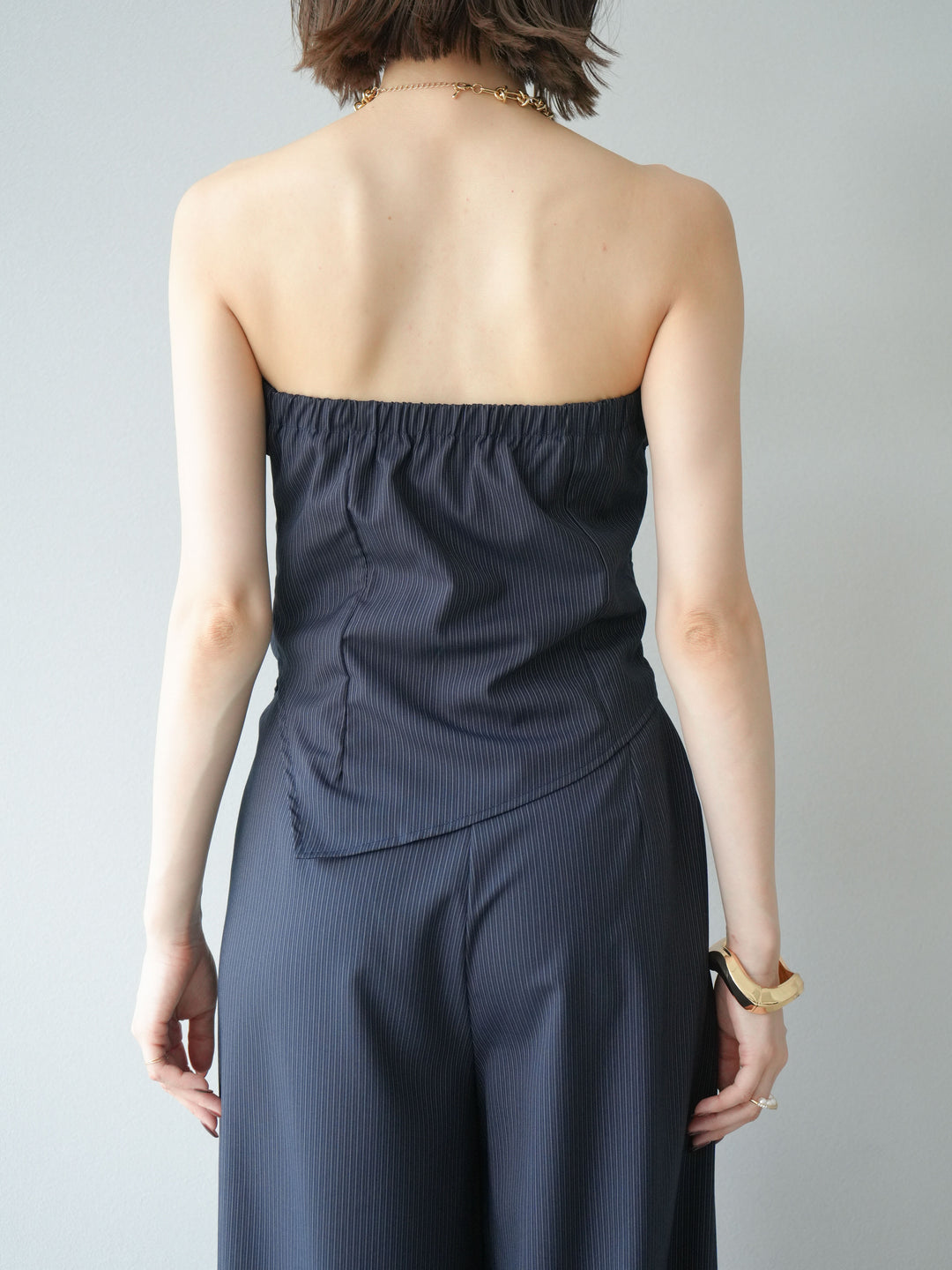 [SET] 條紋褶襉露肩上衣＆寬褲 SET UP (2set)