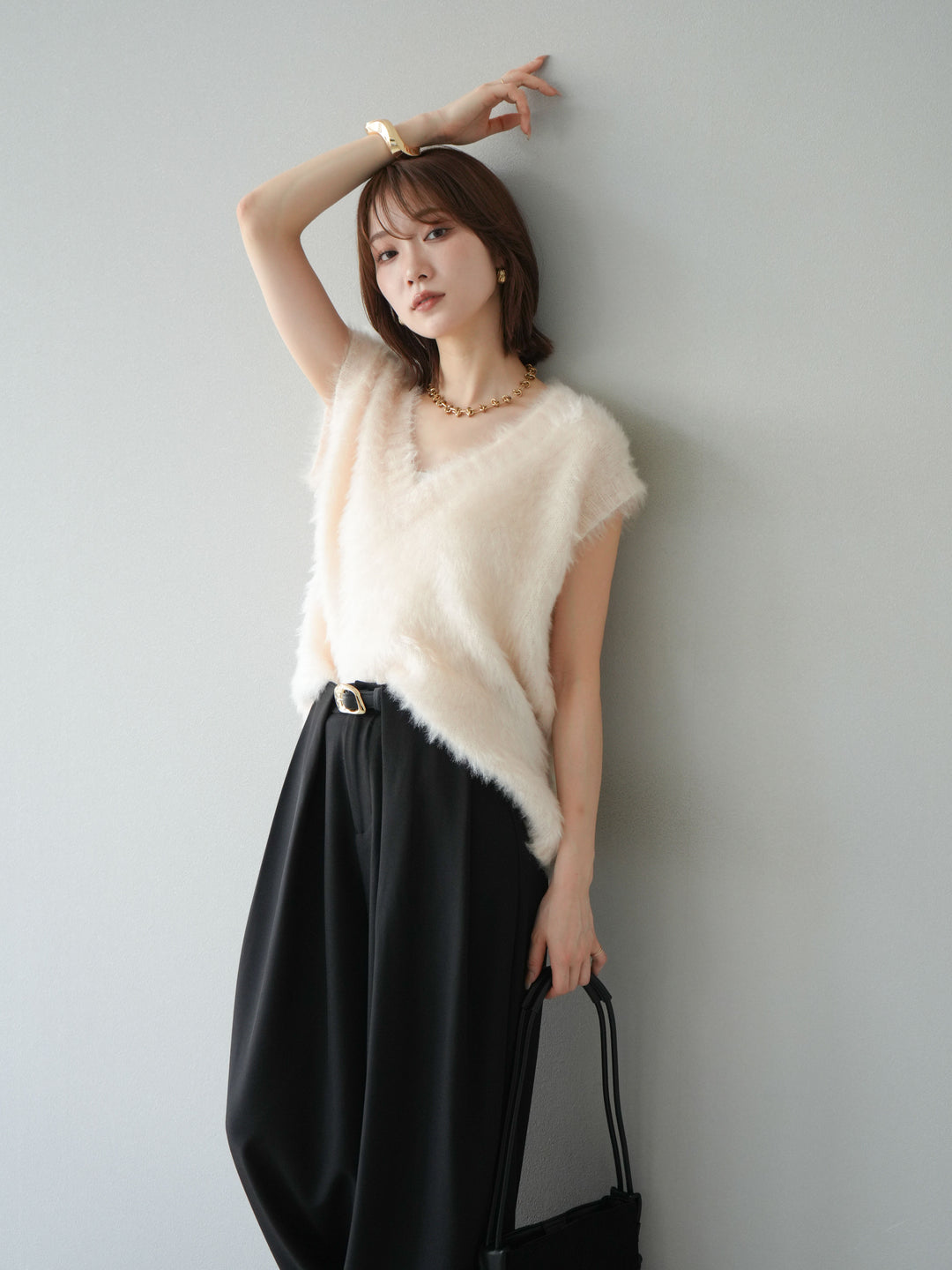 [SET]ラメシャギーVネックニットベスト+選べるアクセセット(2set)