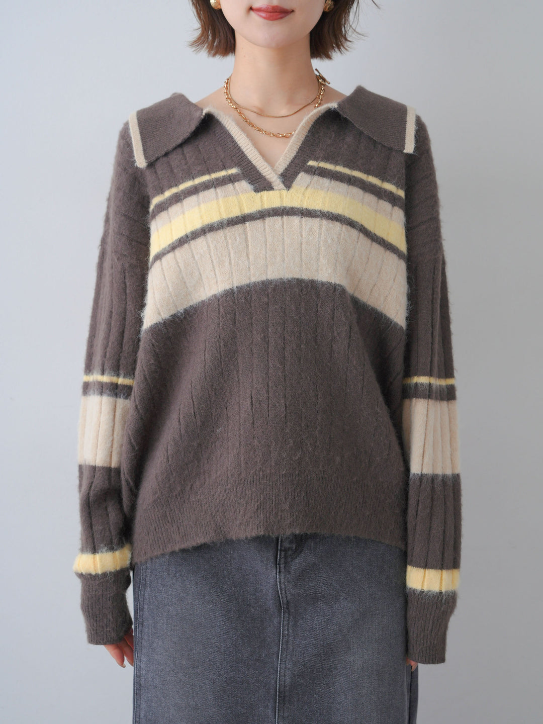 [予約]マルチボーダー起毛スキッパーニットトップス/mochacharcoal