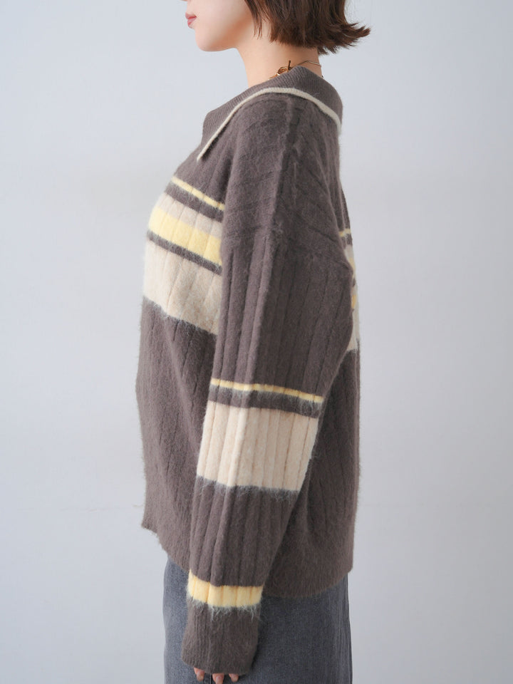 [予約]マルチボーダー起毛スキッパーニットトップス/mochacharcoal