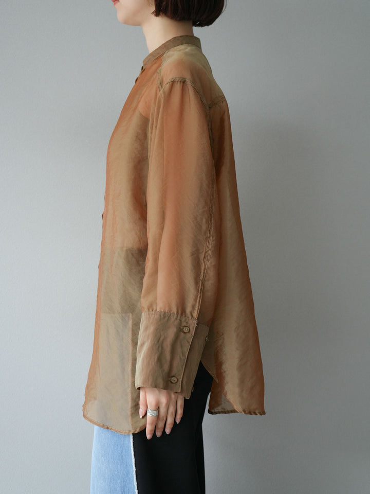 [予約]シャイニーシアーバンドカラーシャツ/カーキブラウン