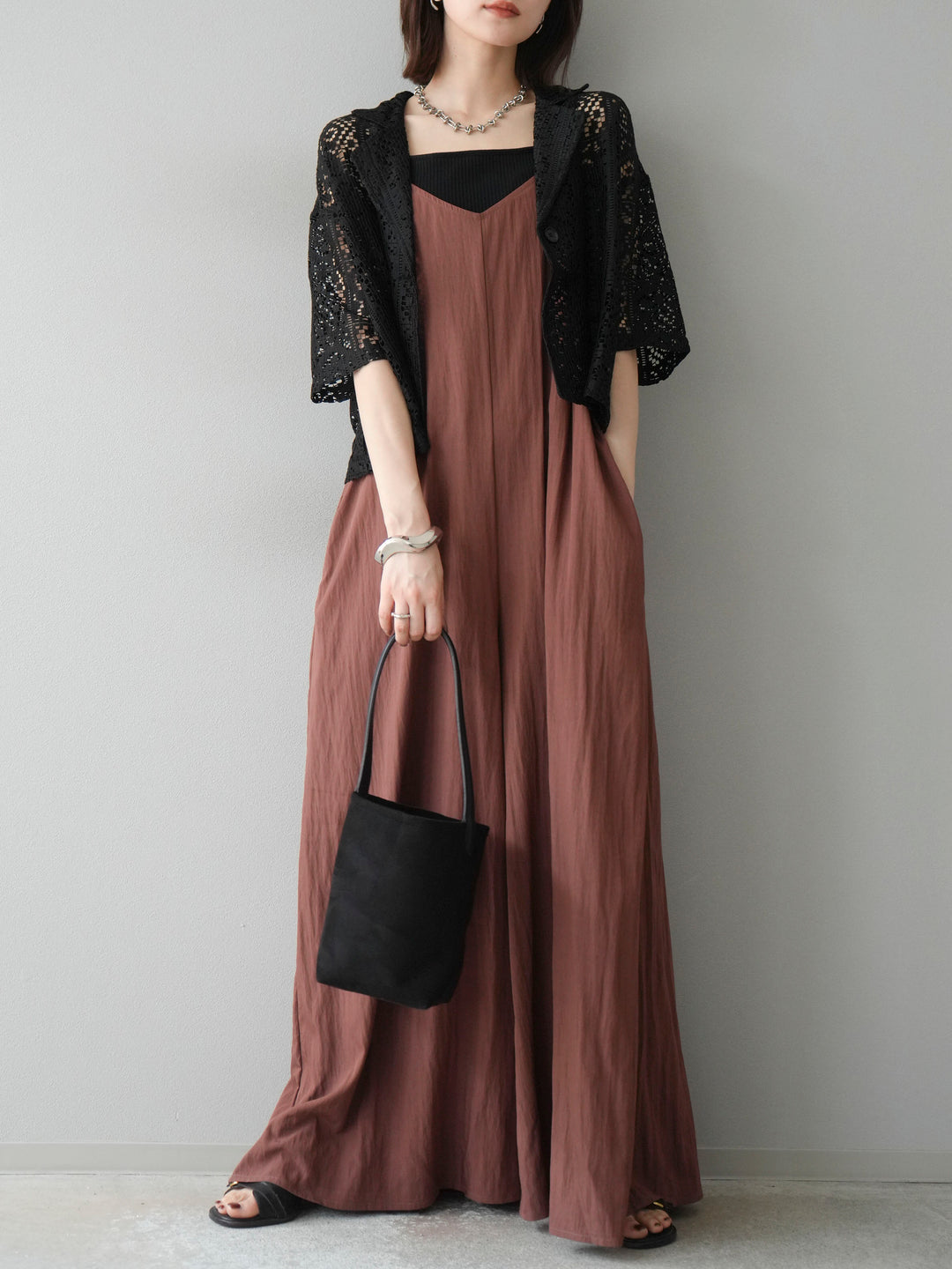 [予約]レーヨンVネックサロペット/ブラウン