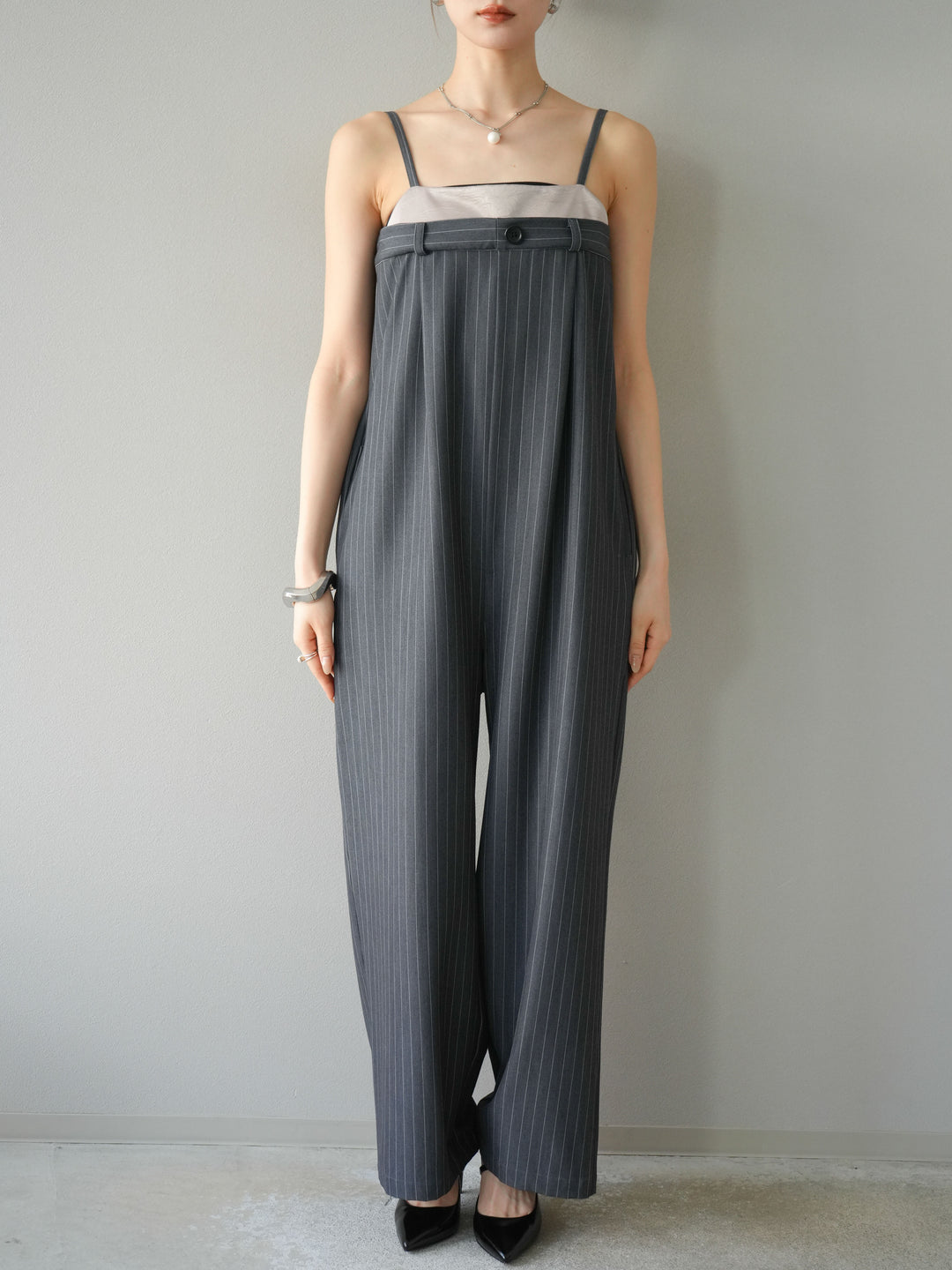 [予約]サテン切替ピンストライプサロペット/グレー