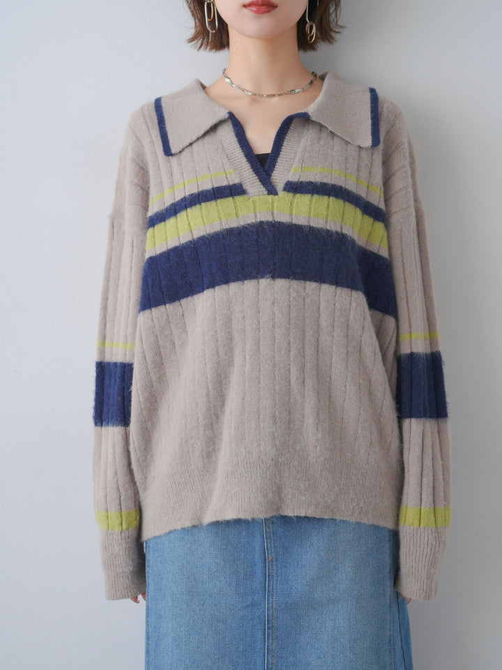 [予約]マルチボーダー起毛スキッパーニットトップス/greige