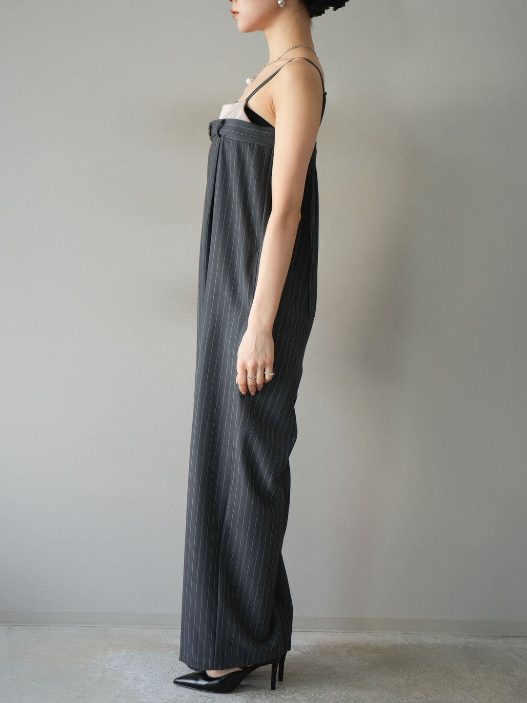 [予約]サテン切替ピンストライプサロペット/グレー