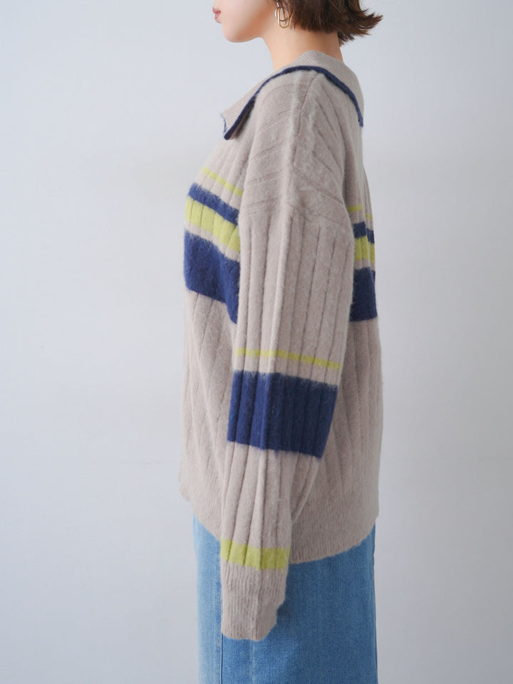 [予約]マルチボーダー起毛スキッパーニットトップス/greige