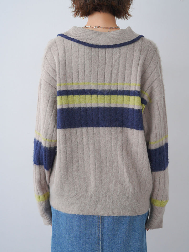[予約]マルチボーダー起毛スキッパーニットトップス/greige