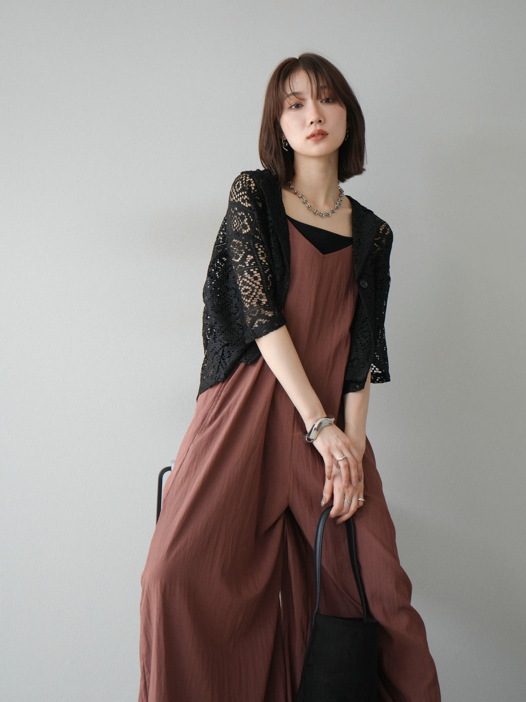 [予約]レーヨンVネックサロペット/ブラウン