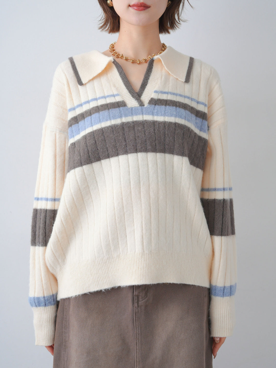 [予約]マルチボーダー起毛スキッパーニットトップス/ivory