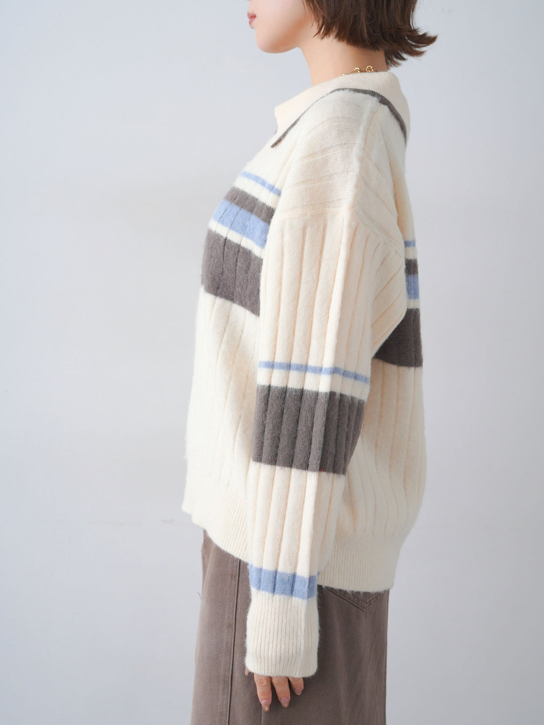 [予約]マルチボーダー起毛スキッパーニットトップス/ivory