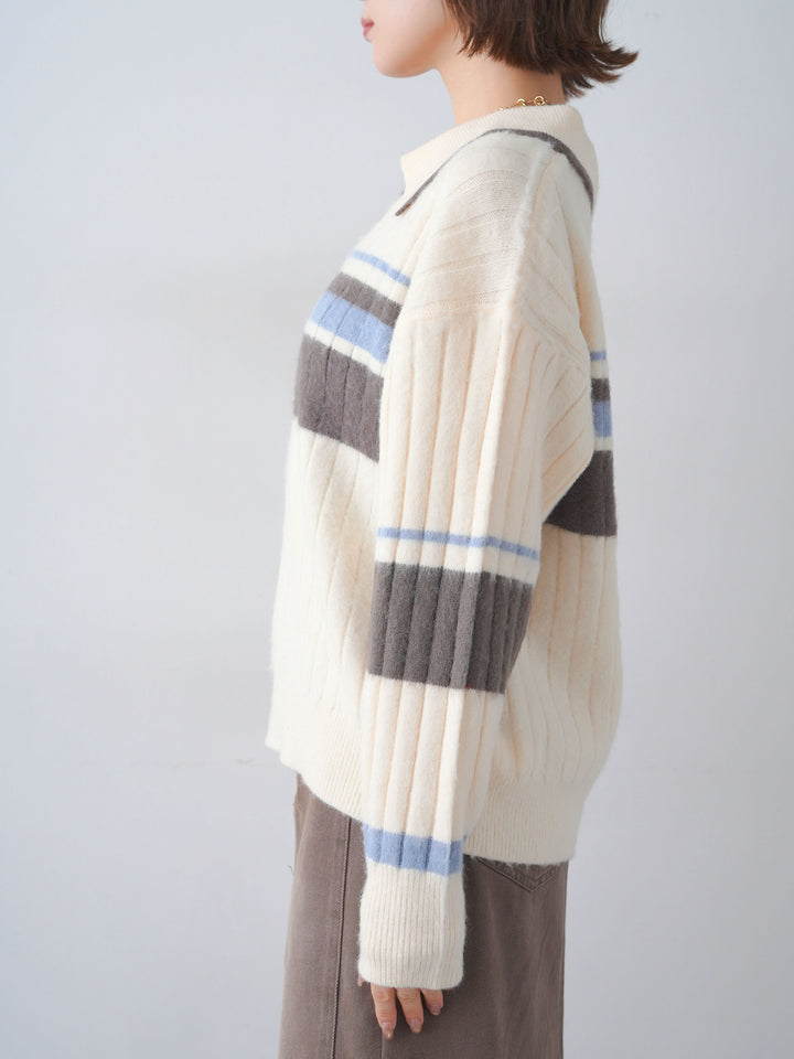 [予約]マルチボーダー起毛スキッパーニットトップス/ivory