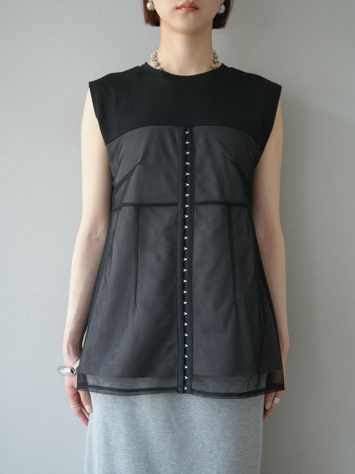 [預購] 薄紗對接鉤設計剪裁套頭衫/黑色