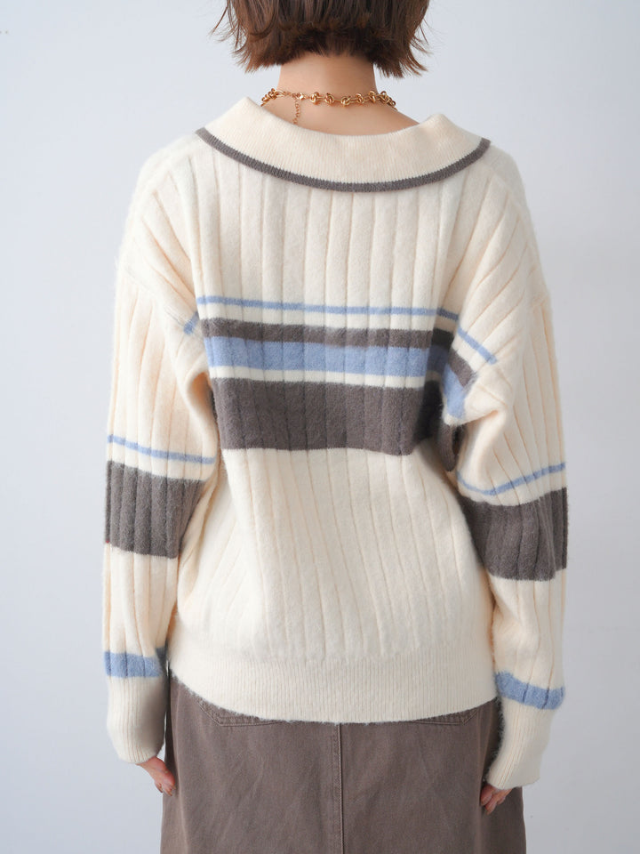 [予約]マルチボーダー起毛スキッパーニットトップス/ivory