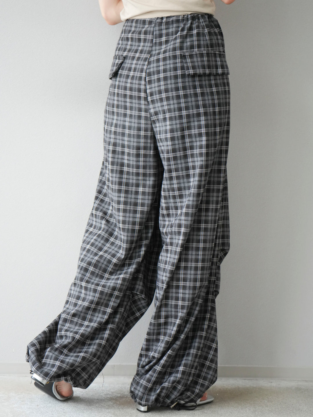 [予約]チェック柄ウエスト巻きドロストパンツ/ブラック