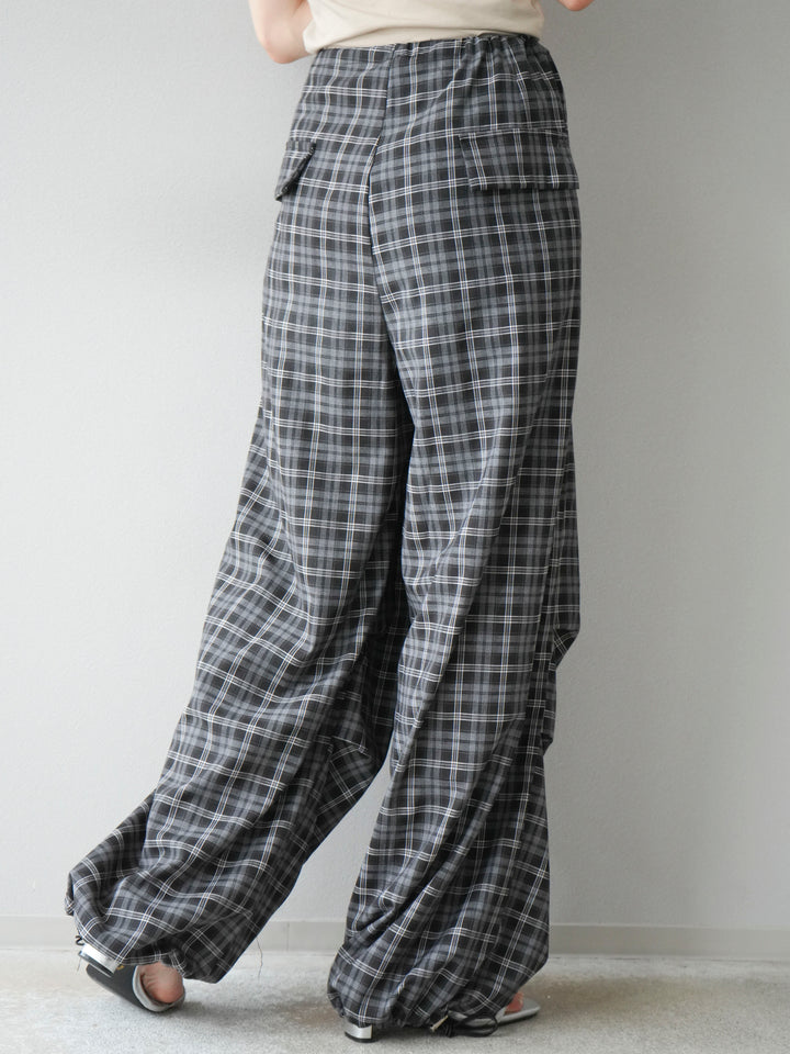 [予約]チェック柄ウエスト巻きドロストパンツ/ブラック