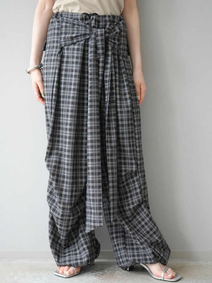 [予約]チェック柄ウエスト巻きドロストパンツ/ブラック