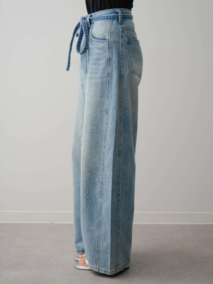 [予約]ウエストベルトフロントビジューカーブワイドパンツ/lightblue