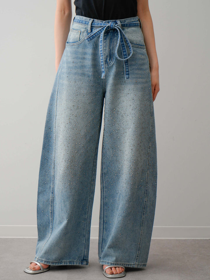 [予約]ウエストベルトフロントビジューカーブワイドパンツ/lightblue